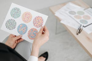 Close-up of a businessperson holding a color blindness test sheet with Ishihara patterns.